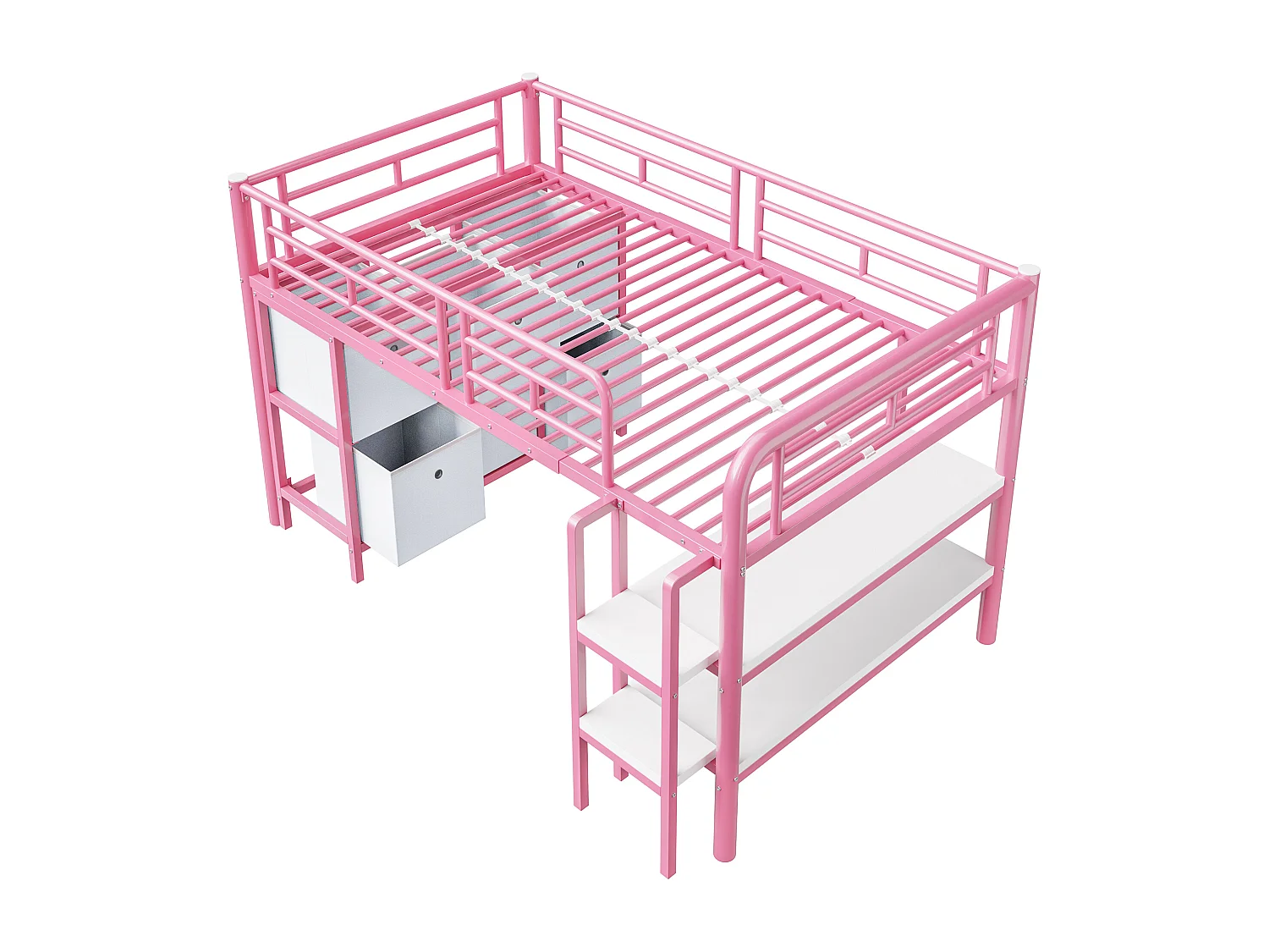 Lit mezzanine en métal enfant - 90 x 200 cm - avec escalier large + tiroirs + étagères de rangement - métal - rose