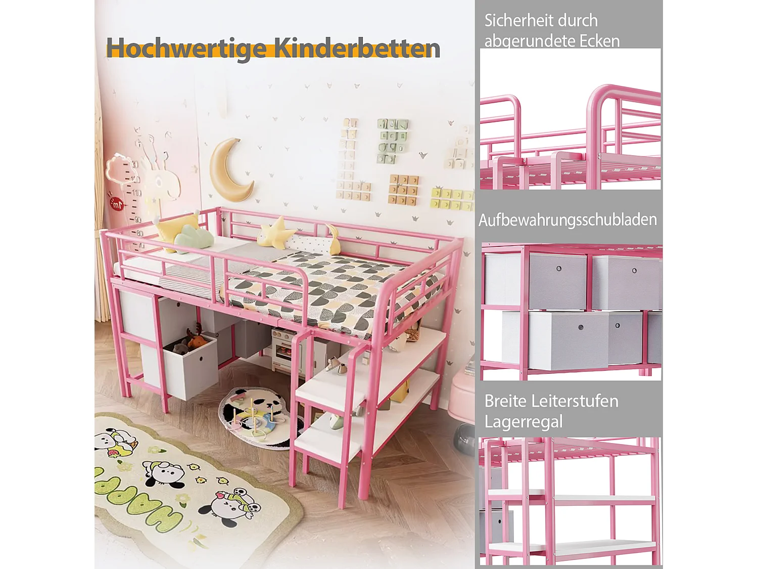 Lit mezzanine en métal enfant - 90 x 200 cm - avec escalier large + tiroirs + étagères de rangement - métal - rose