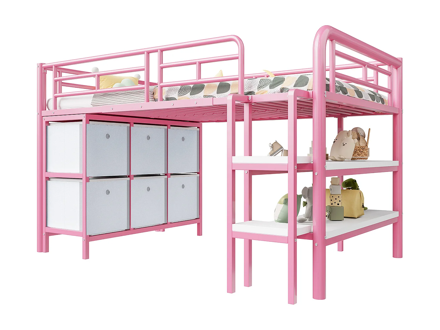 Lit mezzanine en métal enfant - 90 x 200 cm - avec escalier large + tiroirs + étagères de rangement - métal - rose