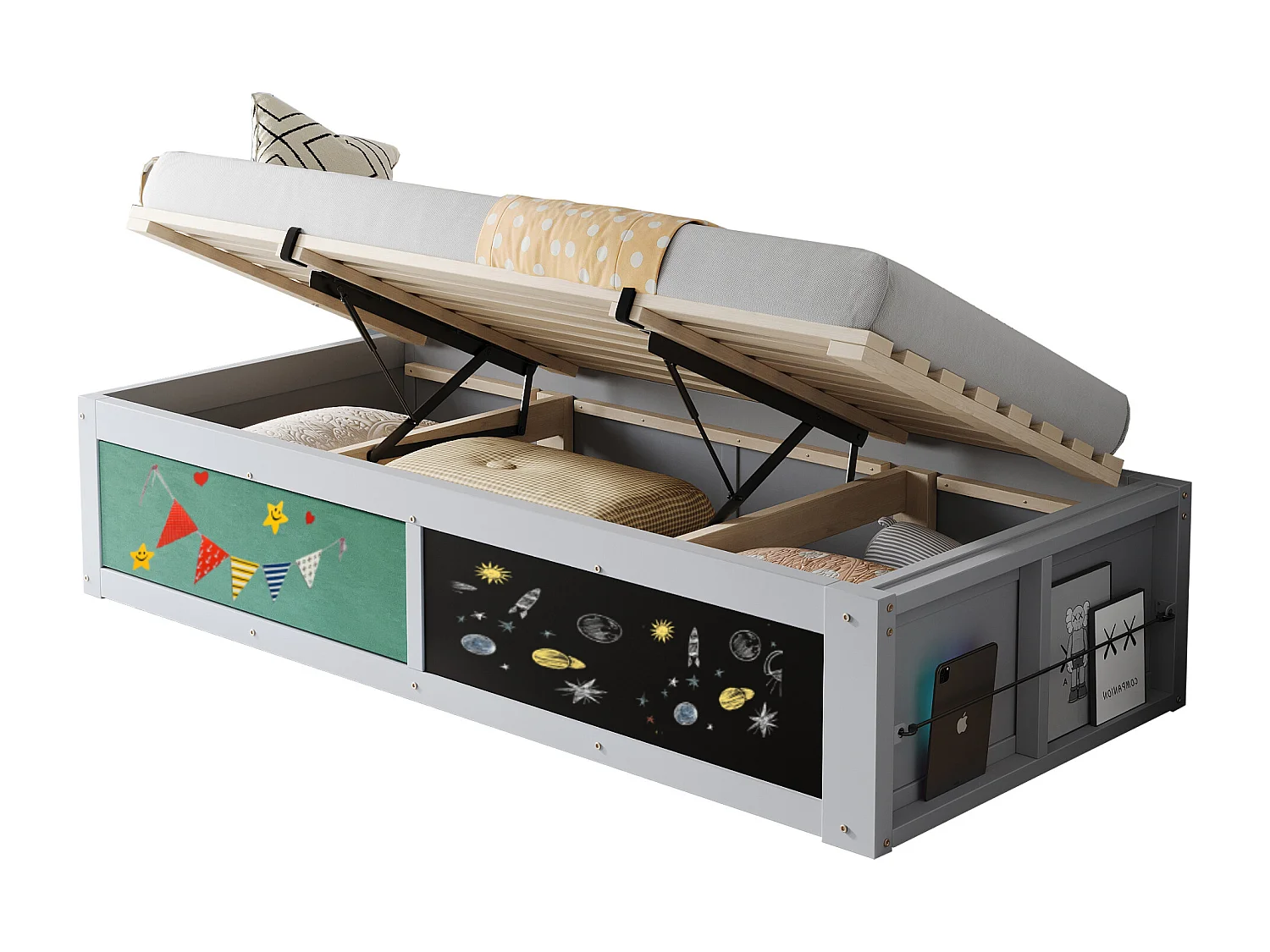 Lit coffre en bois pour enfant - 90 x 200 cm - avec rangement hydraulique + tablette d'écriture - bois - gris