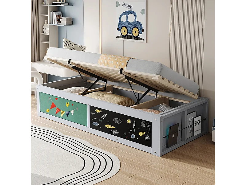 Lit coffre en bois pour enfant - 90 x 200 cm - avec rangement hydraulique + tablette d'écriture - bois - gris