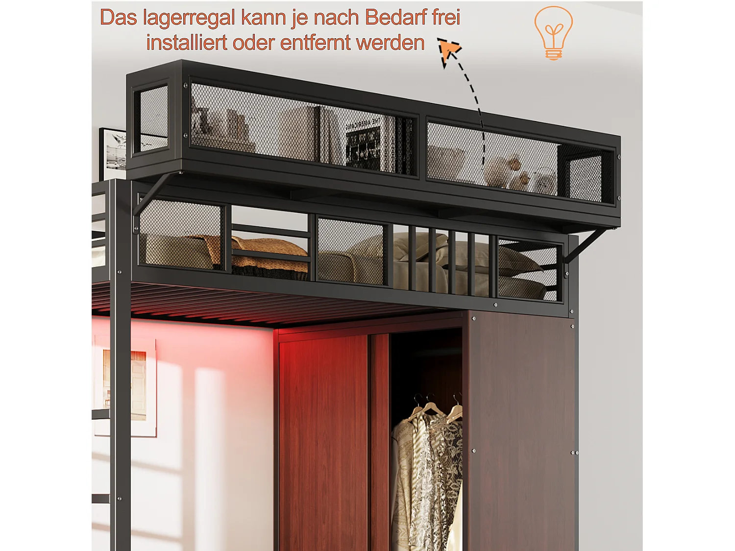 Børne loftseng i metal - 90 x 200 cm - med garderobe + stige + LED-lys + aftagelige hylder - metal + træ - sort
