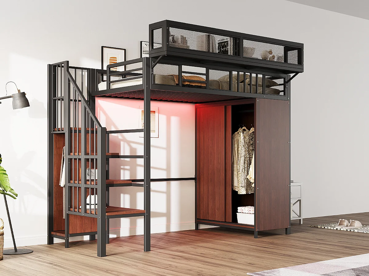 Børne loftseng i metal - 90 x 200 cm - med garderobe + stige + LED-lys + aftagelige hylder - metal + træ - sort