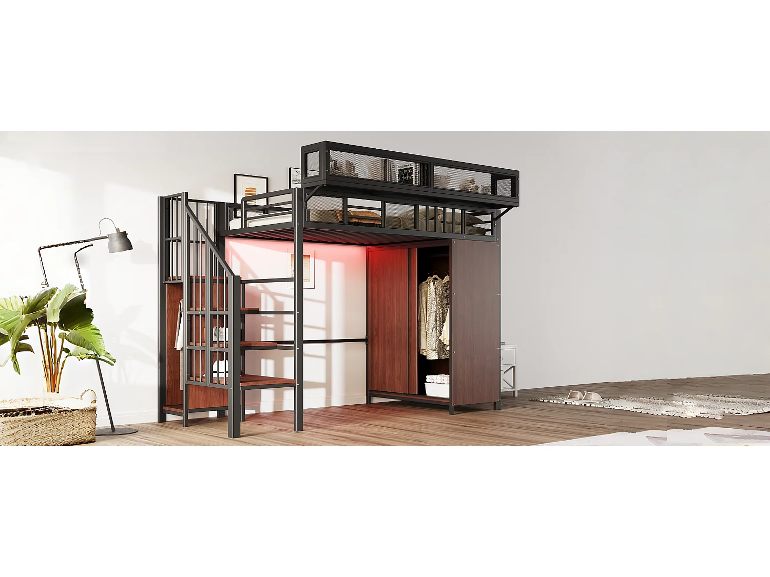 Børne loftseng i metal - 90 x 200 cm - med garderobe + stige + LED-lys + aftagelige hylder - metal + træ - sort