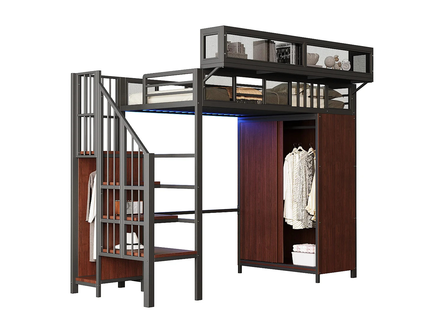 Børne loftseng i metal - 90 x 200 cm - med garderobe + stige + LED-lys + aftagelige hylder - metal + træ - sort