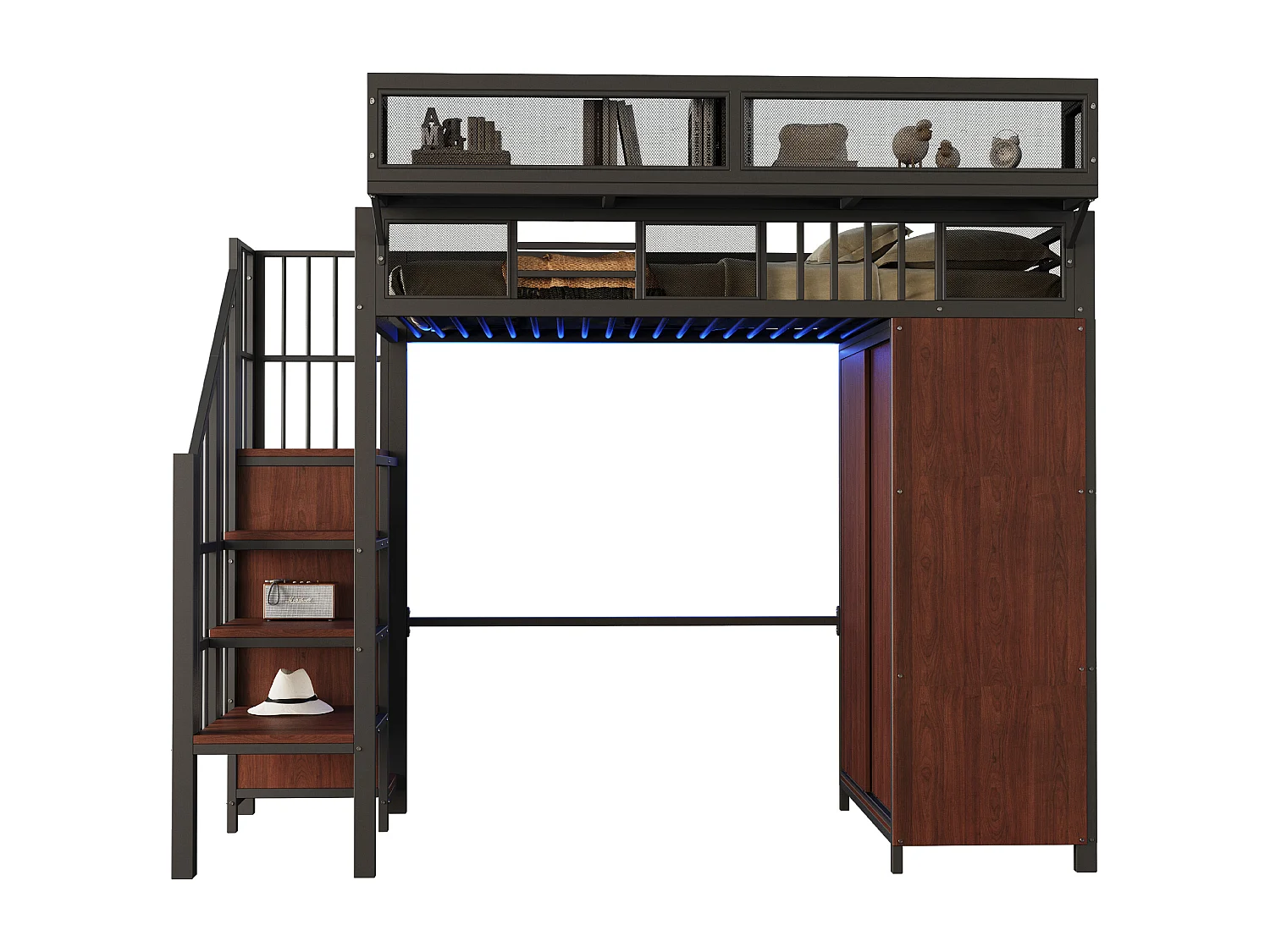 Børne loftseng i metal - 90 x 200 cm - med garderobe + stige + LED-lys + aftagelige hylder - metal + træ - sort