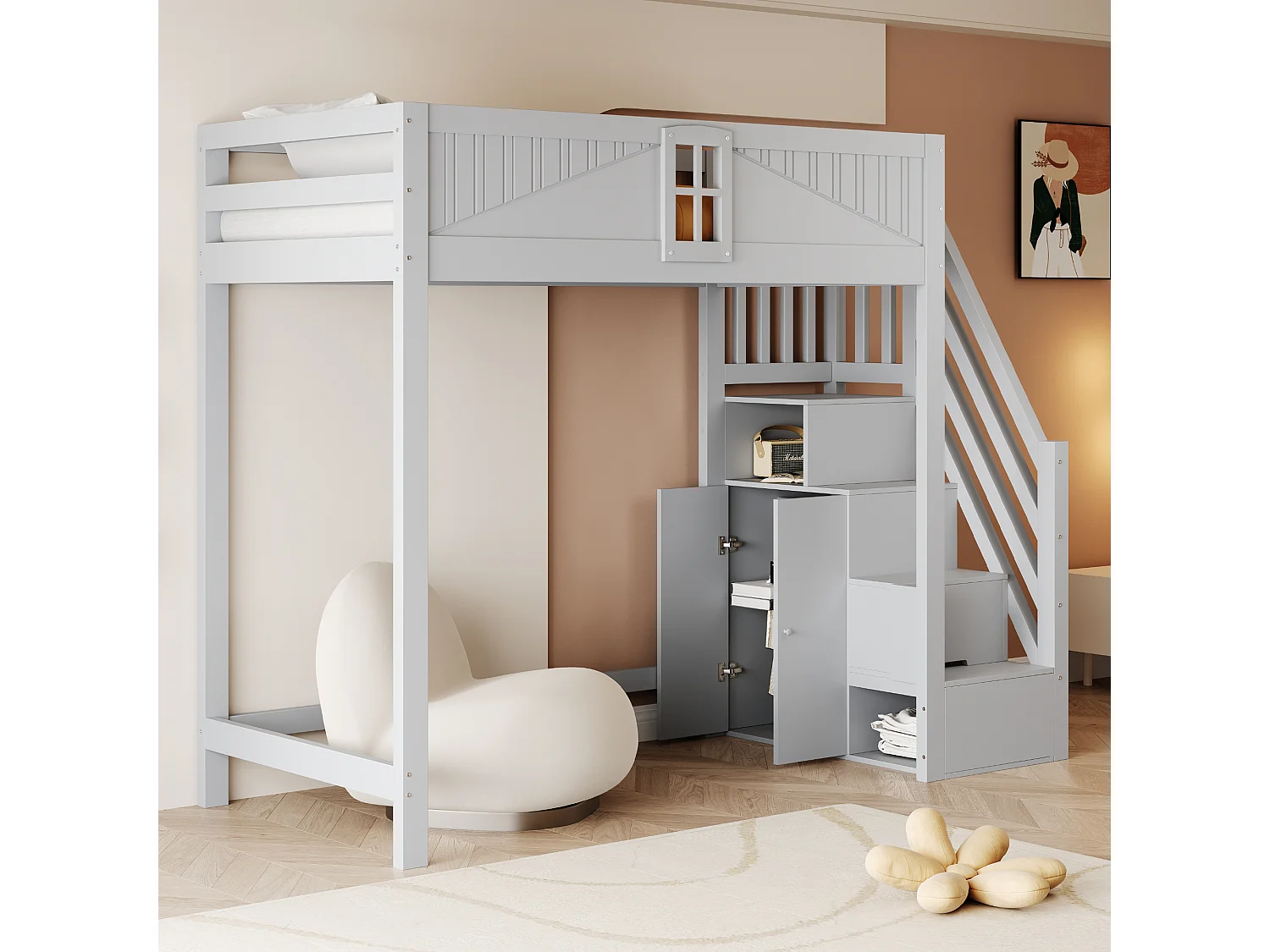 Lit mezzanine enfant - 90 x 200 cm - avec escalier rangement + fenêtre + armoire - bois + MDF - gris