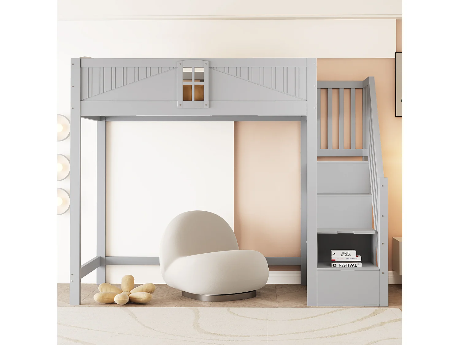 Lit mezzanine enfant - 90 x 200 cm - avec escalier rangement + fenêtre + armoire - bois + MDF - gris