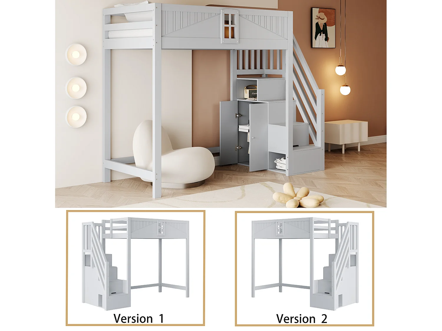 Lit mezzanine enfant - 90 x 200 cm - avec escalier rangement + fenêtre + armoire - bois + MDF - gris