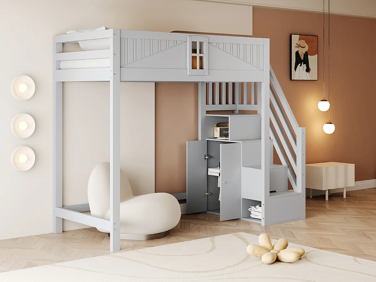 Lit mezzanine enfant - 90 x 200 cm - avec escalier rangement + fenêtre + armoire - bois + MDF - gris