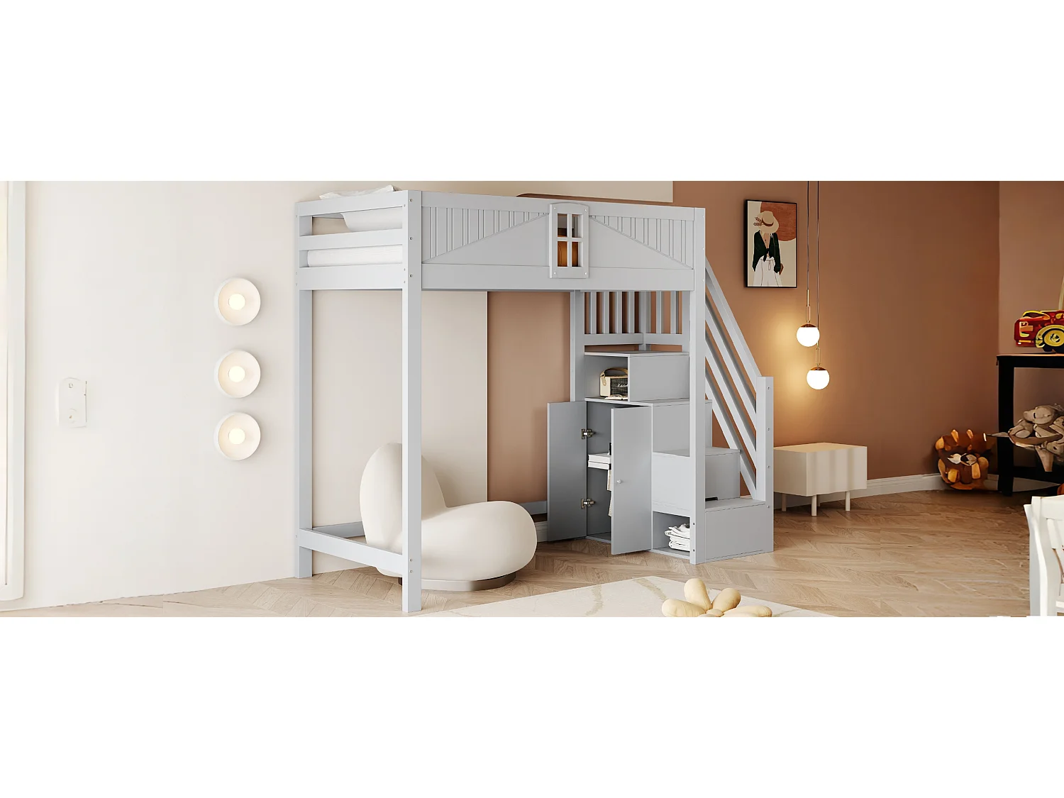 Lit mezzanine enfant - 90 x 200 cm - avec escalier rangement + fenêtre + armoire - bois + MDF - gris