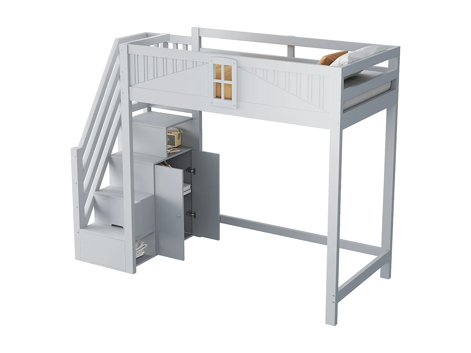 Lit mezzanine enfant - 90 x 200 cm - avec escalier rangement + fenêtre + armoire - bois + MDF - gris