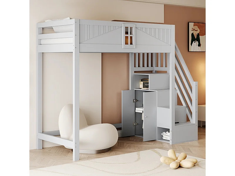 Lit mezzanine enfant - 90 x 200 cm - avec escalier rangement + fenêtre + armoire - bois + MDF - gris