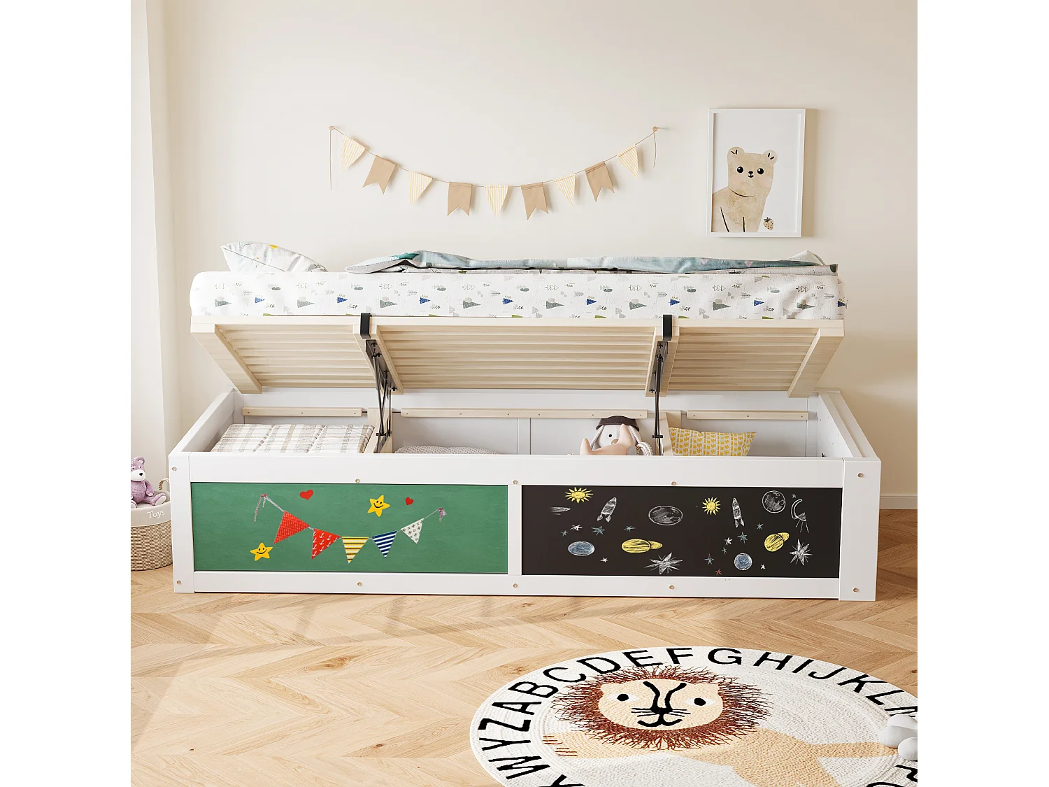 Lit coffre en bois pour enfant - 90 x 200 cm - avec rangement hydraulique + tablette d'écriture - bois - blanc
