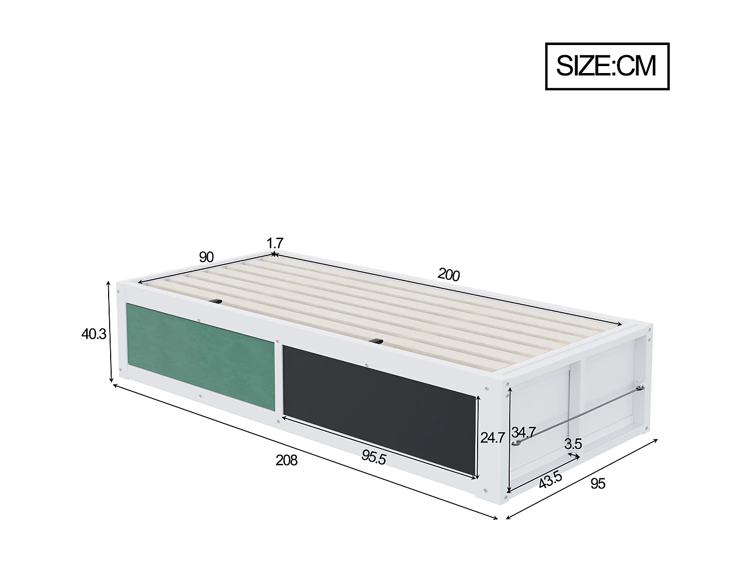 Lit coffre en bois pour enfant - 90 x 200 cm - avec rangement hydraulique + tablette d'écriture - bois - blanc
