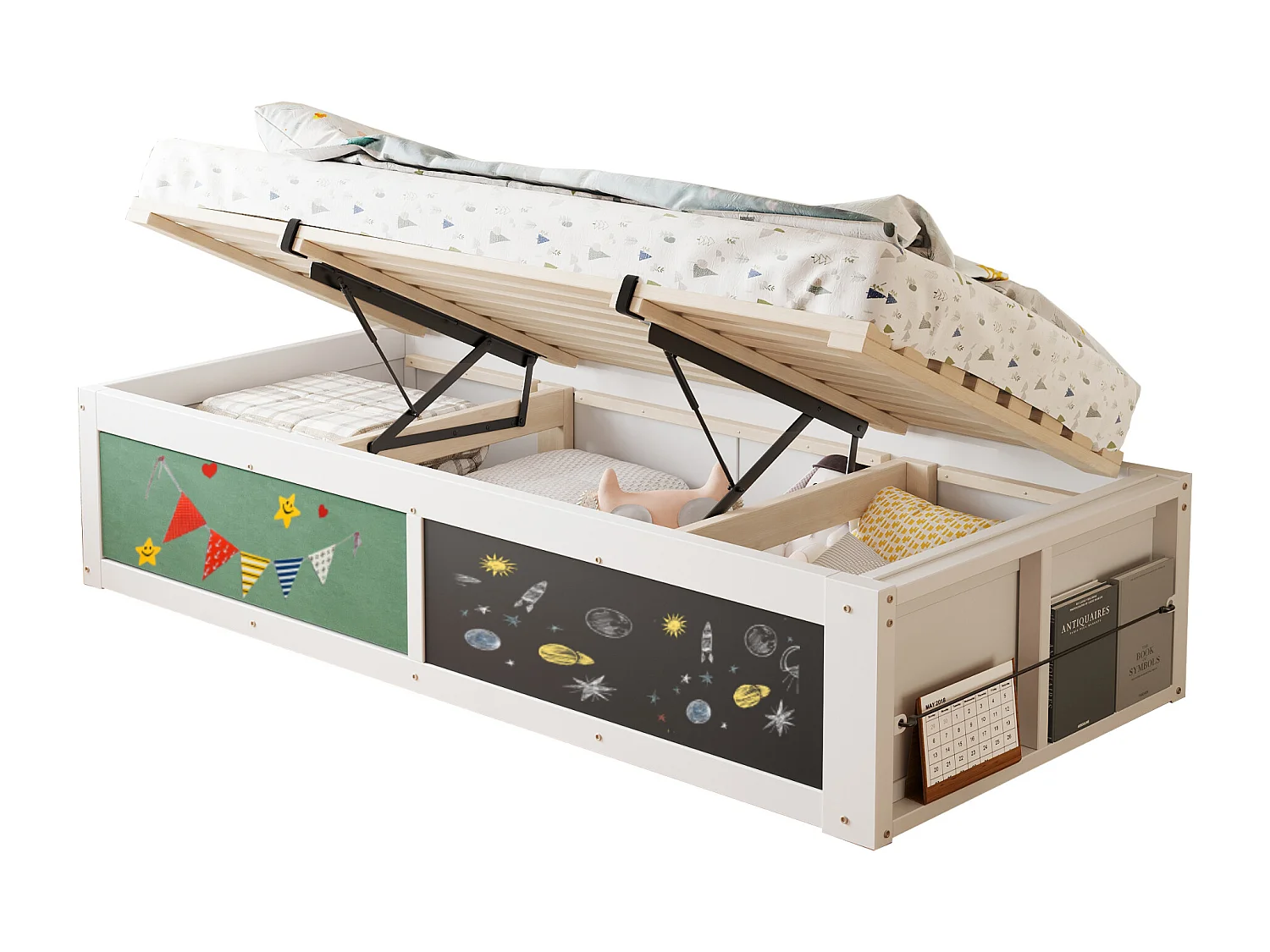 Lit coffre en bois pour enfant - 90 x 200 cm - avec rangement hydraulique + tablette d'écriture - bois - blanc