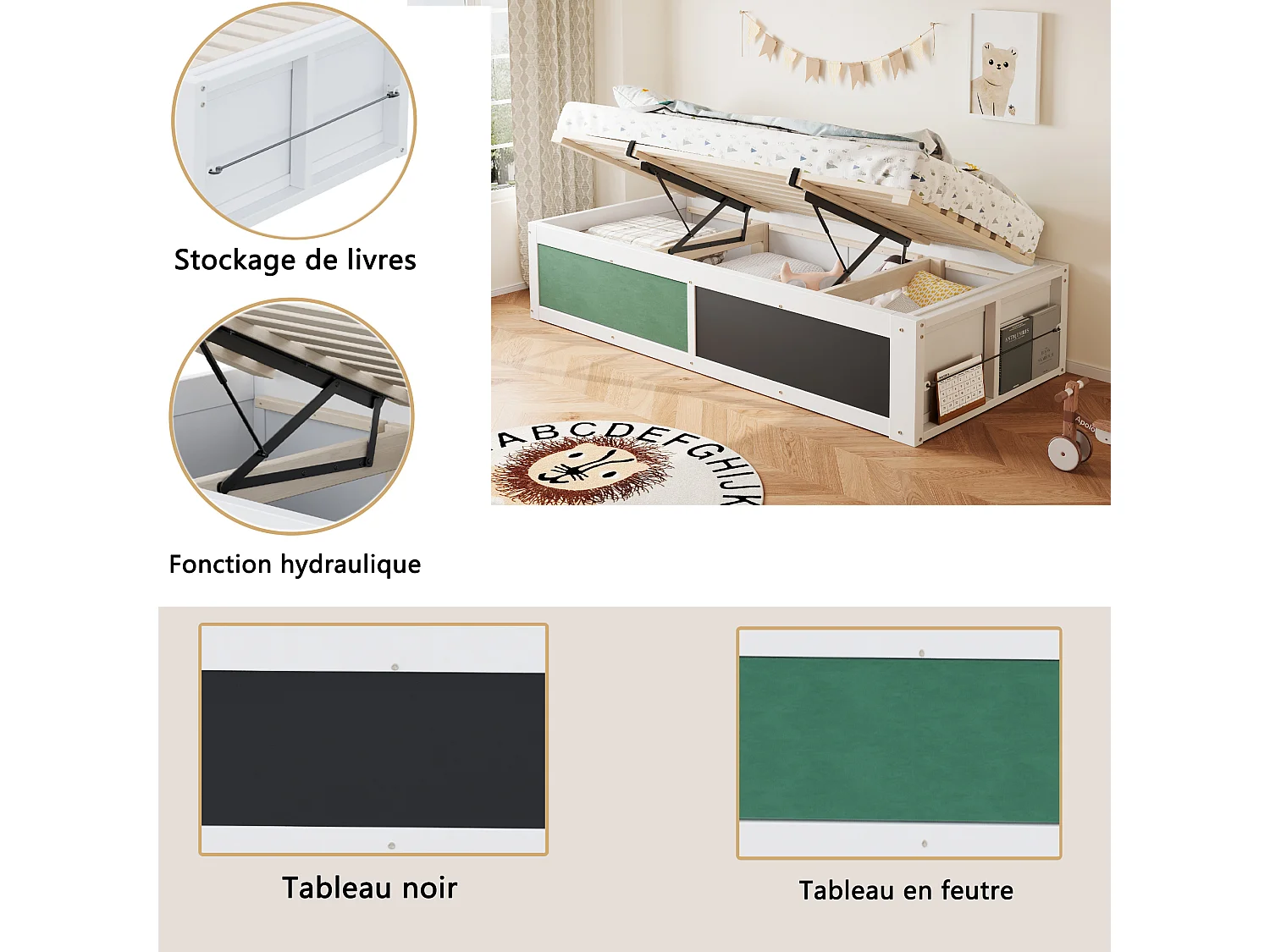 Lit coffre en bois pour enfant - 90 x 200 cm - avec rangement hydraulique + tablette d'écriture - bois - blanc