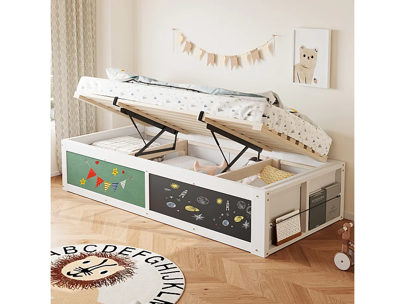 Lit coffre en bois pour enfant - 90 x 200 cm - avec rangement hydraulique + tablette d'écriture - bois - blanc