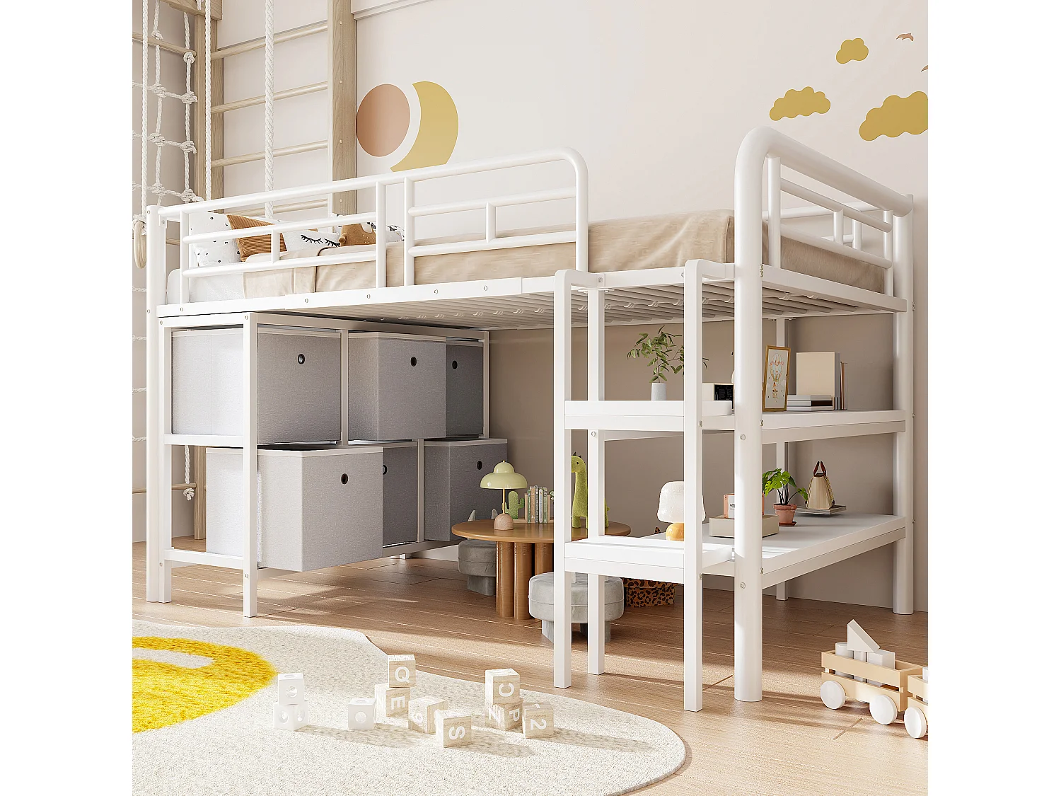 Lit mezzanine en métal enfant - 90 x 200 cm - avec escalier large + tiroirs + étagères de rangement - métal - blanc