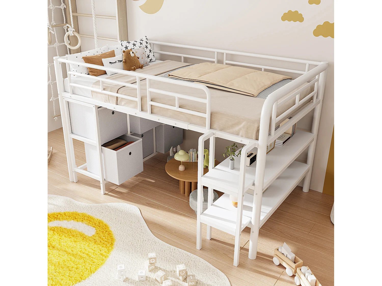 Lit mezzanine en métal enfant - 90 x 200 cm - avec escalier large + tiroirs + étagères de rangement - métal - blanc