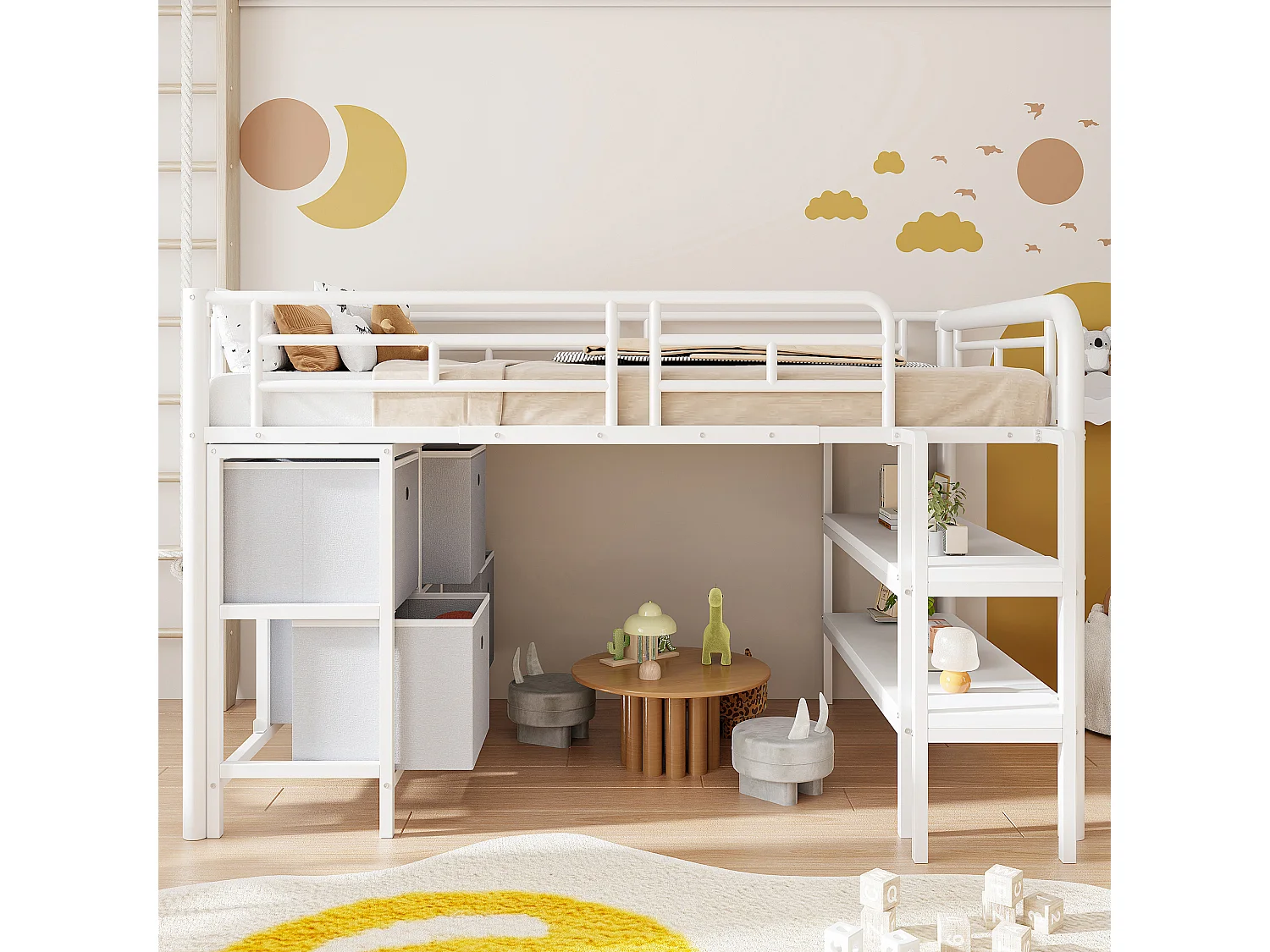 Lit mezzanine en métal enfant - 90 x 200 cm - avec escalier large + tiroirs + étagères de rangement - métal - blanc