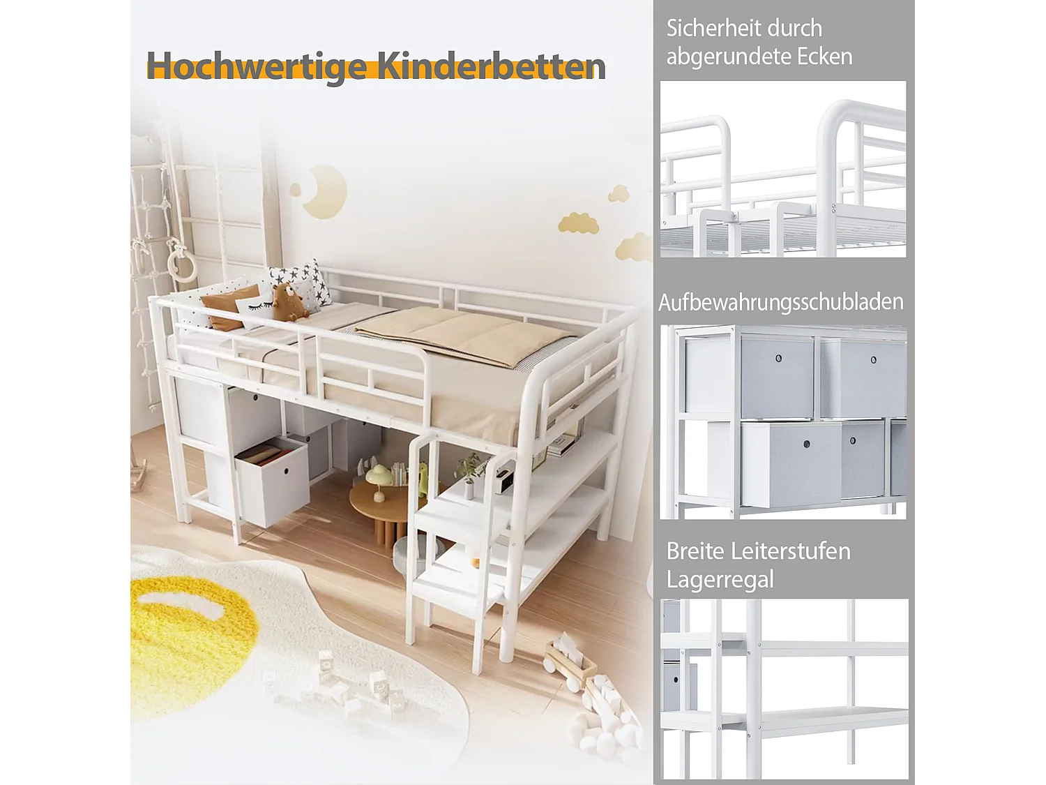 Lit mezzanine en métal enfant - 90 x 200 cm - avec escalier large + tiroirs + étagères de rangement - métal - blanc