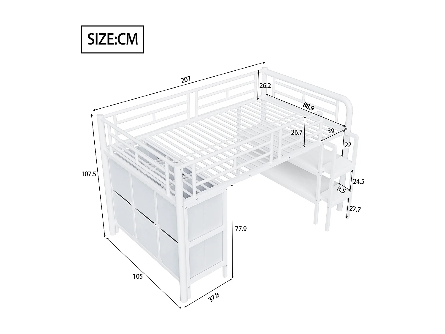 Lit mezzanine en métal enfant - 90 x 200 cm - avec escalier large + tiroirs + étagères de rangement - métal - blanc