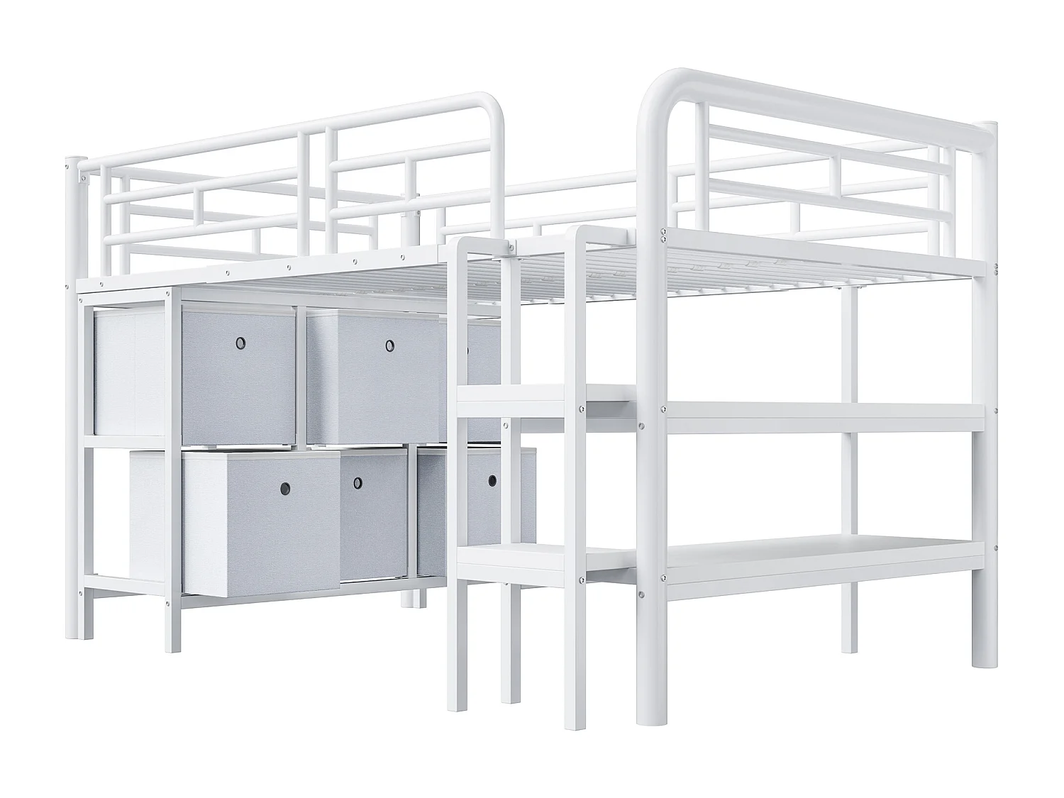 Lit mezzanine en métal enfant - 90 x 200 cm - avec escalier large + tiroirs + étagères de rangement - métal - blanc