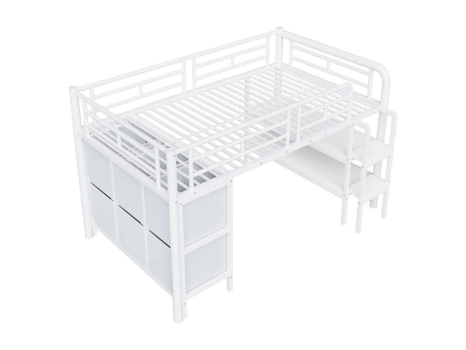 Lit mezzanine en métal enfant - 90 x 200 cm - avec escalier large + tiroirs + étagères de rangement - métal - blanc