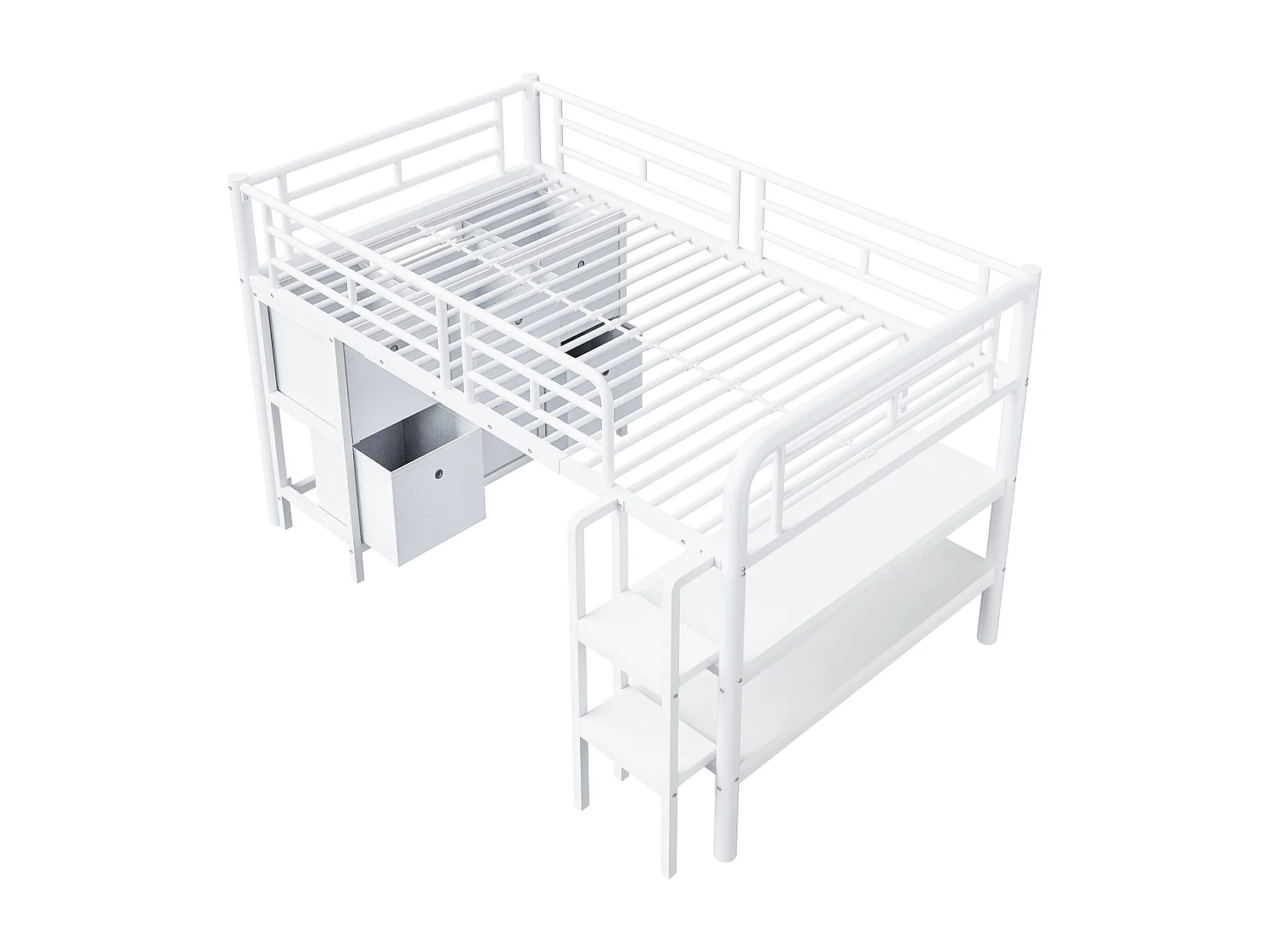 Lit mezzanine en métal enfant - 90 x 200 cm - avec escalier large + tiroirs + étagères de rangement - métal - blanc