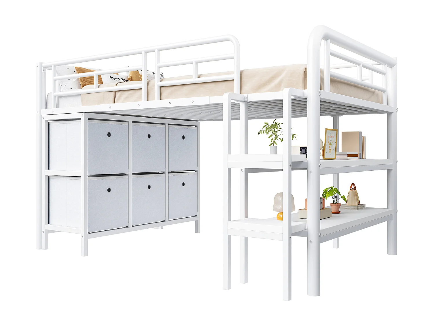Lit mezzanine en métal enfant - 90 x 200 cm - avec escalier large + tiroirs + étagères de rangement - métal - blanc