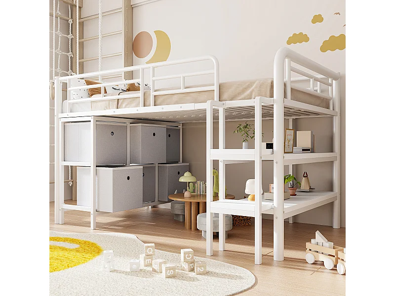 Lit mezzanine en métal enfant - 90 x 200 cm - avec escalier large + tiroirs + étagères de rangement - métal - blanc