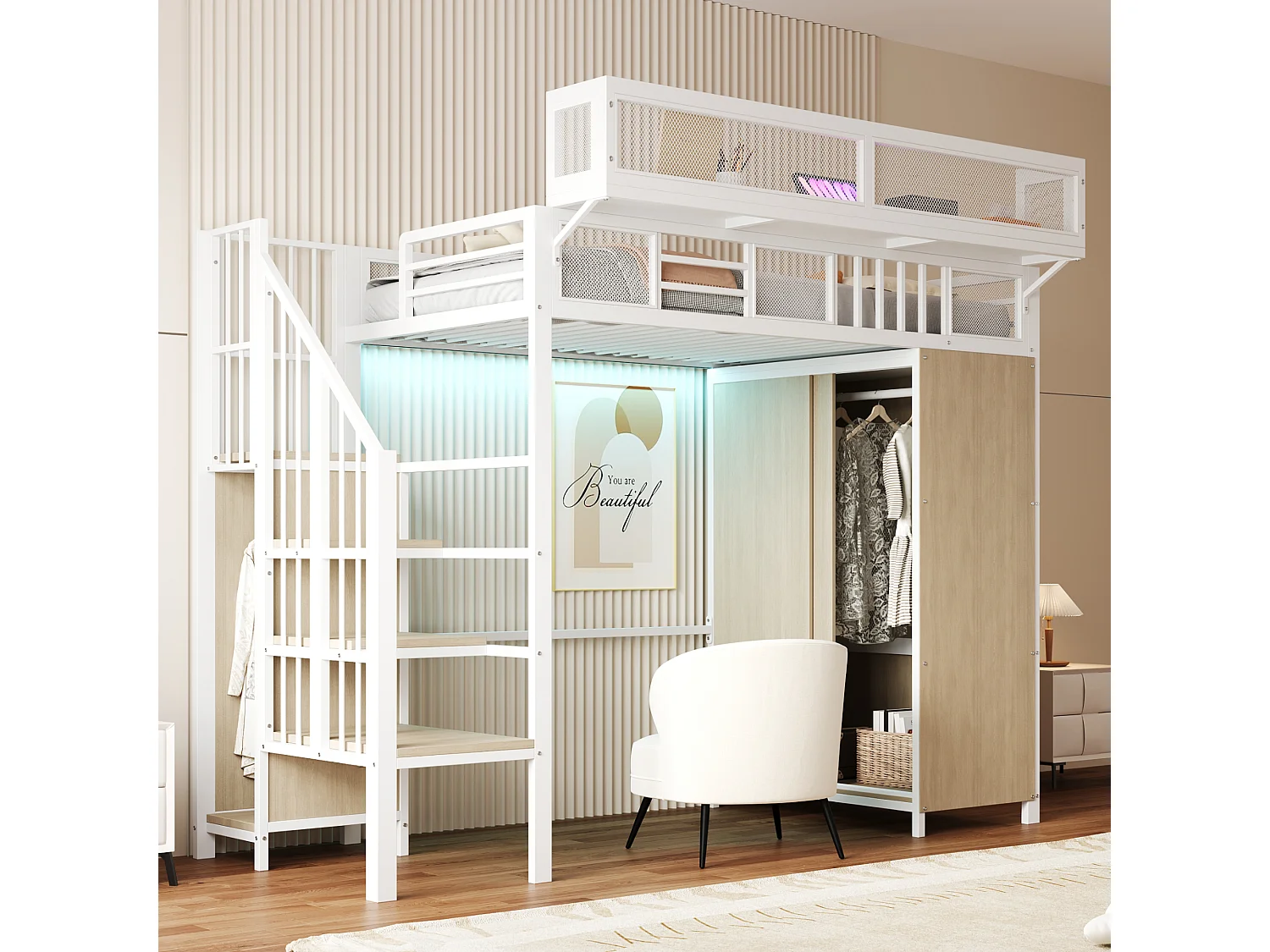 Lit mezzanine en métal pour enfant - 90 x 200 cm - avec penderie + échelle + Leds + étagères amovibles - métal + bois - blanc