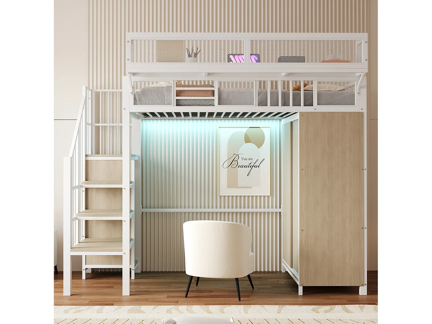 Lit mezzanine en métal pour enfant - 90 x 200 cm - avec penderie + échelle + Leds + étagères amovibles - métal + bois - blanc