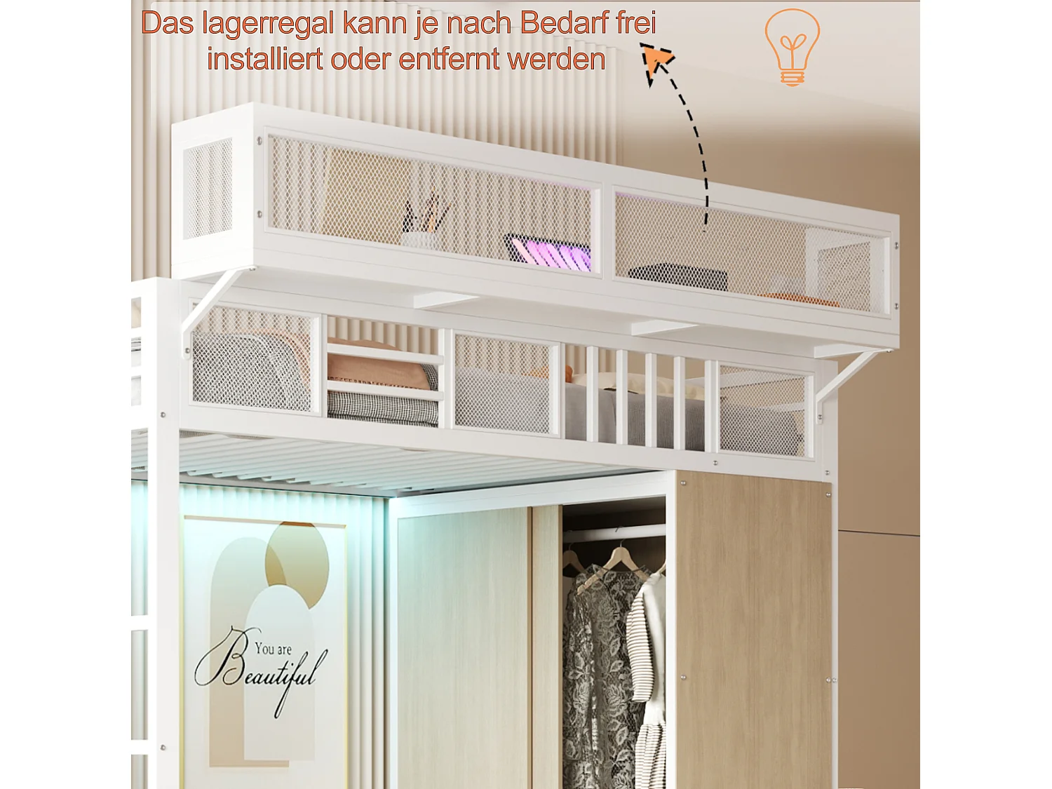 Lit mezzanine en métal pour enfant - 90 x 200 cm - avec penderie + échelle + Leds + étagères amovibles - métal + bois - blanc