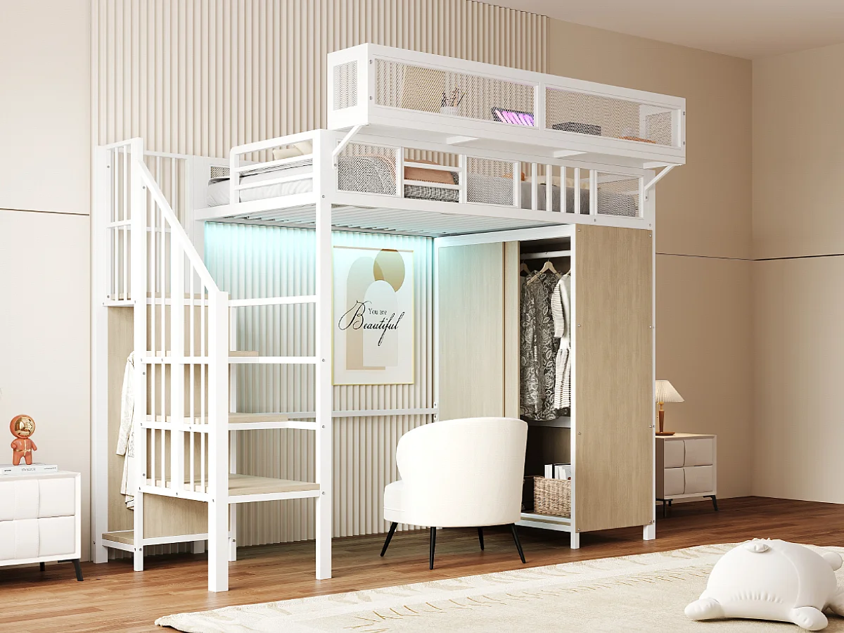 Lit mezzanine en métal pour enfant - 90 x 200 cm - avec penderie + échelle + Leds + étagères amovibles - métal + bois - blanc