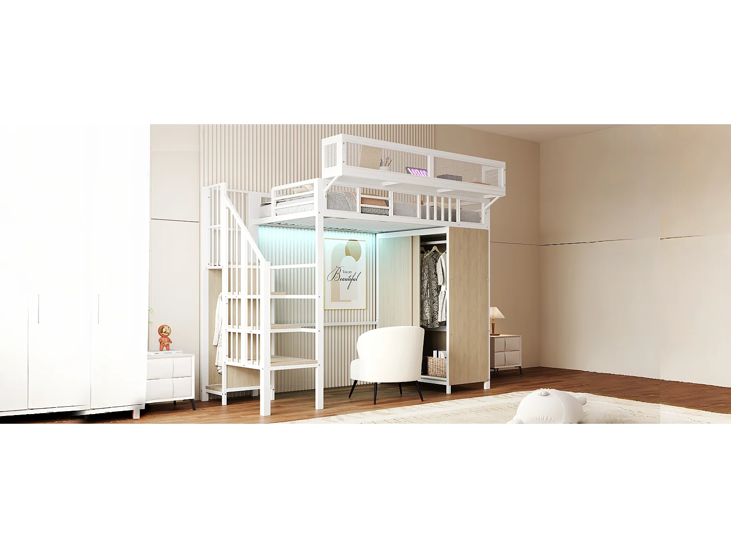 Lit mezzanine en métal pour enfant - 90 x 200 cm - avec penderie + échelle + Leds + étagères amovibles - métal + bois - blanc