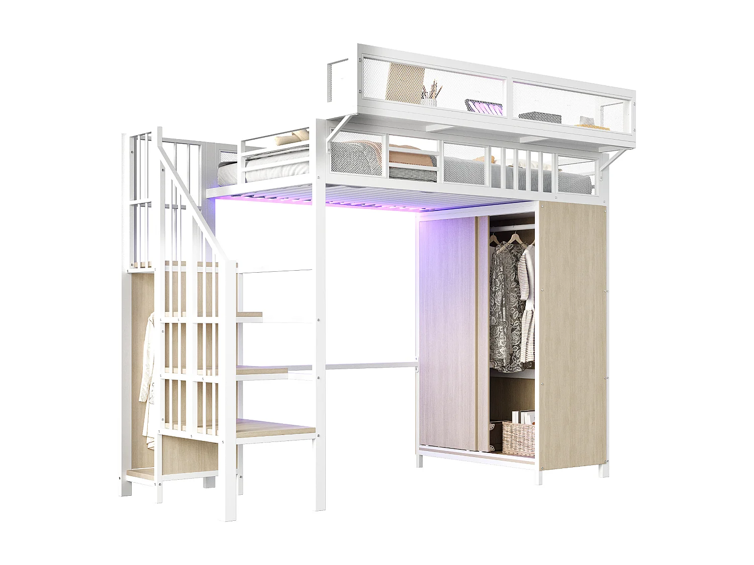 Lit mezzanine en métal pour enfant - 90 x 200 cm - avec penderie + échelle + Leds + étagères amovibles - métal + bois - blanc