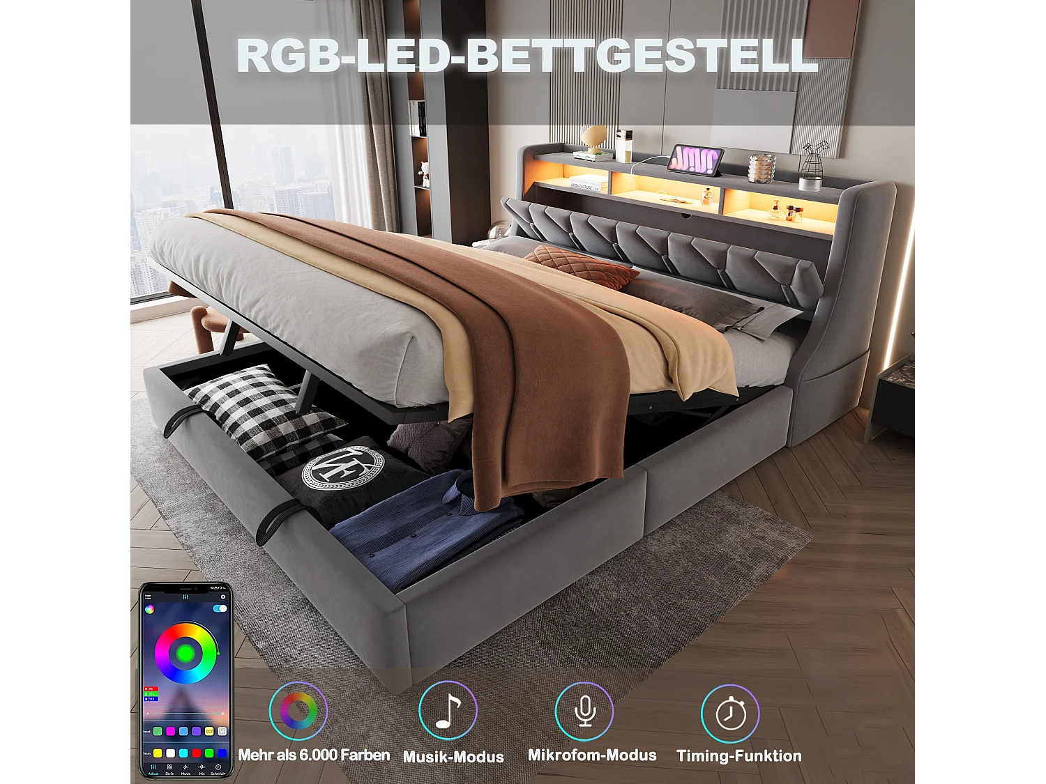 Gestoffeerd opbergbed - 180 x 200 cm - hydraulisch - neerklapbaar hoofdeinde met opbergruimte + LED-verlichting - MDF - grijs