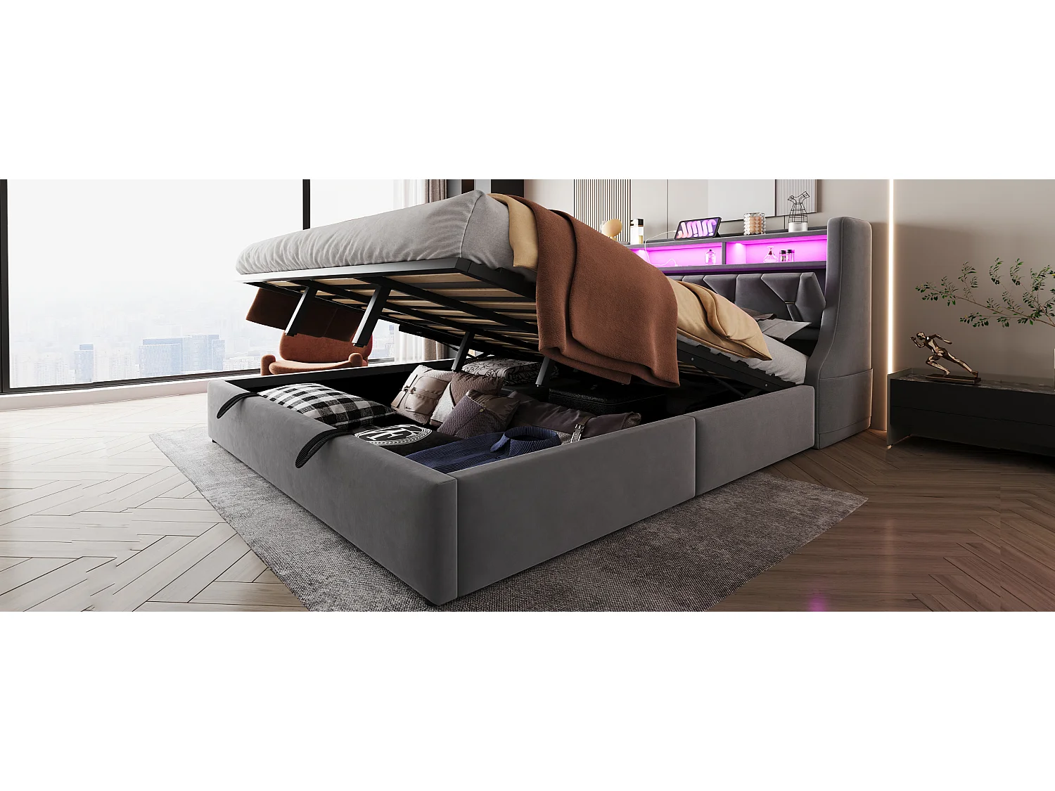 Gestoffeerd opbergbed - 180 x 200 cm - hydraulisch - neerklapbaar hoofdeinde met opbergruimte + LED-verlichting - MDF - grijs