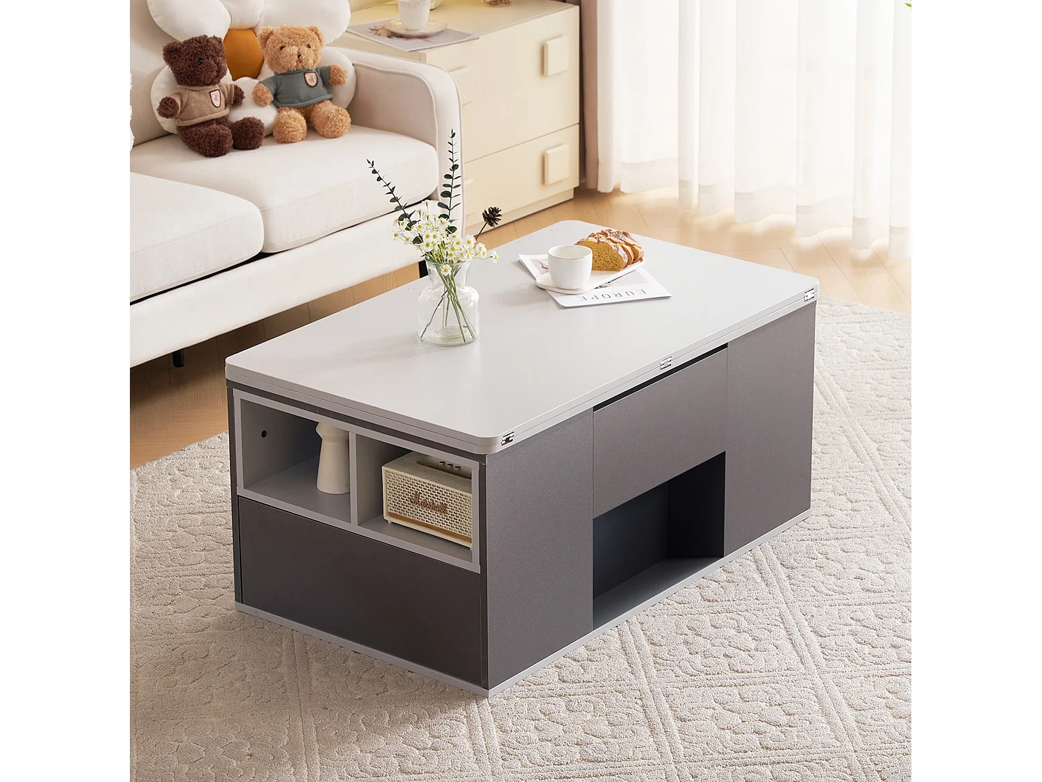 Couchtisch mit Hubfunktion – 100 x 51 x 47 cm – Tischplatte zweiteilig zu öffnen + Schubladen + Türen – Spanplatte – grau