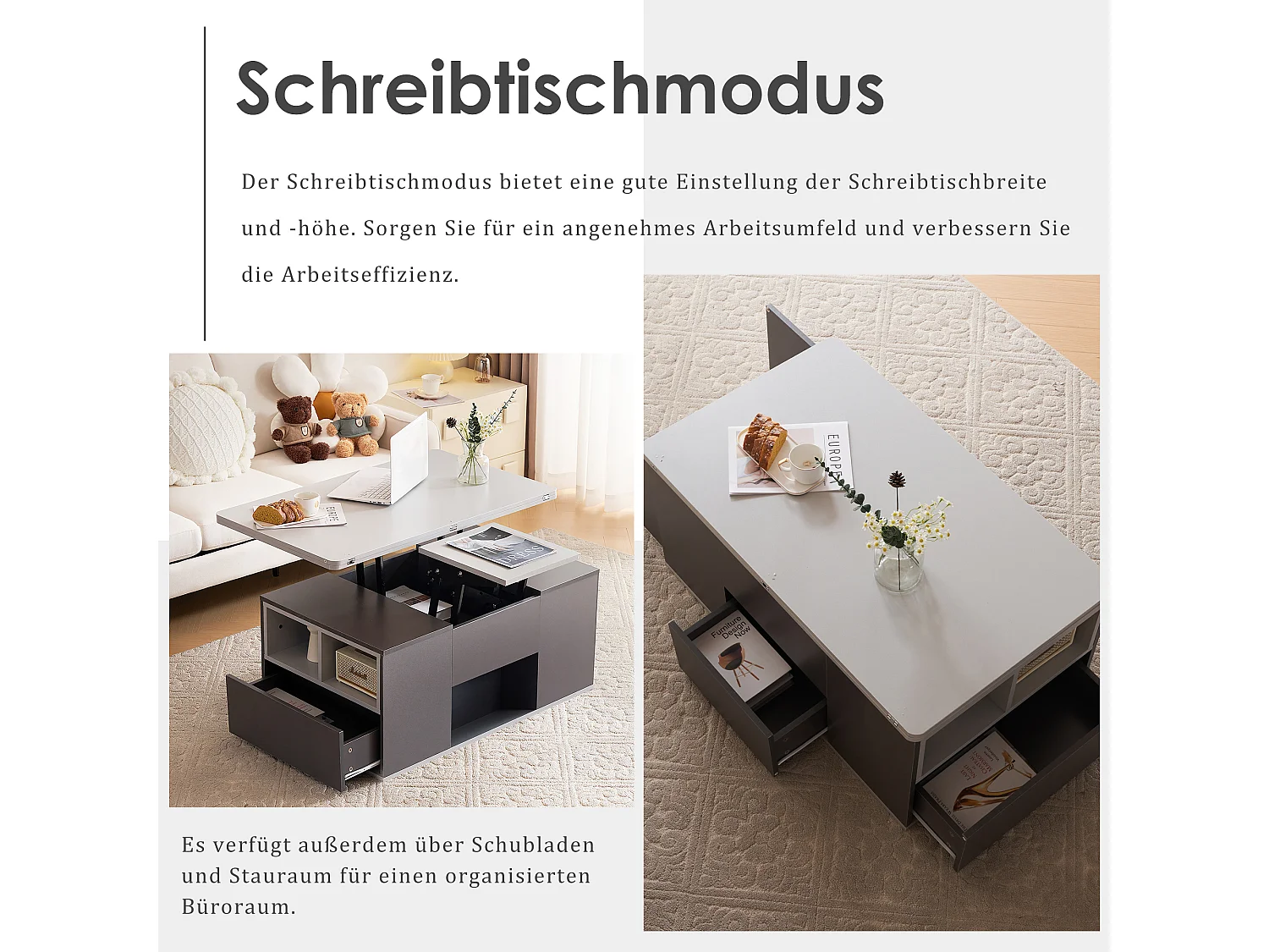 Couchtisch mit Hubfunktion – 100 x 51 x 47 cm – Tischplatte zweiteilig zu öffnen + Schubladen + Türen – Spanplatte – grau
