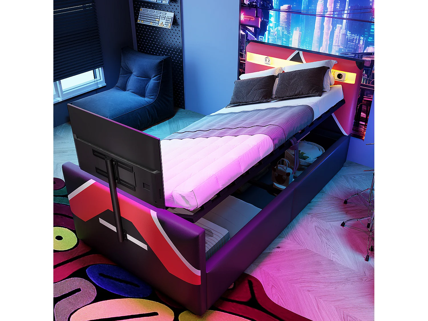 Lit coffre pour enfant - 90 x 200 cm - avec Leds + rangement hydraulique + support TV intégré - PU - noir + rouge