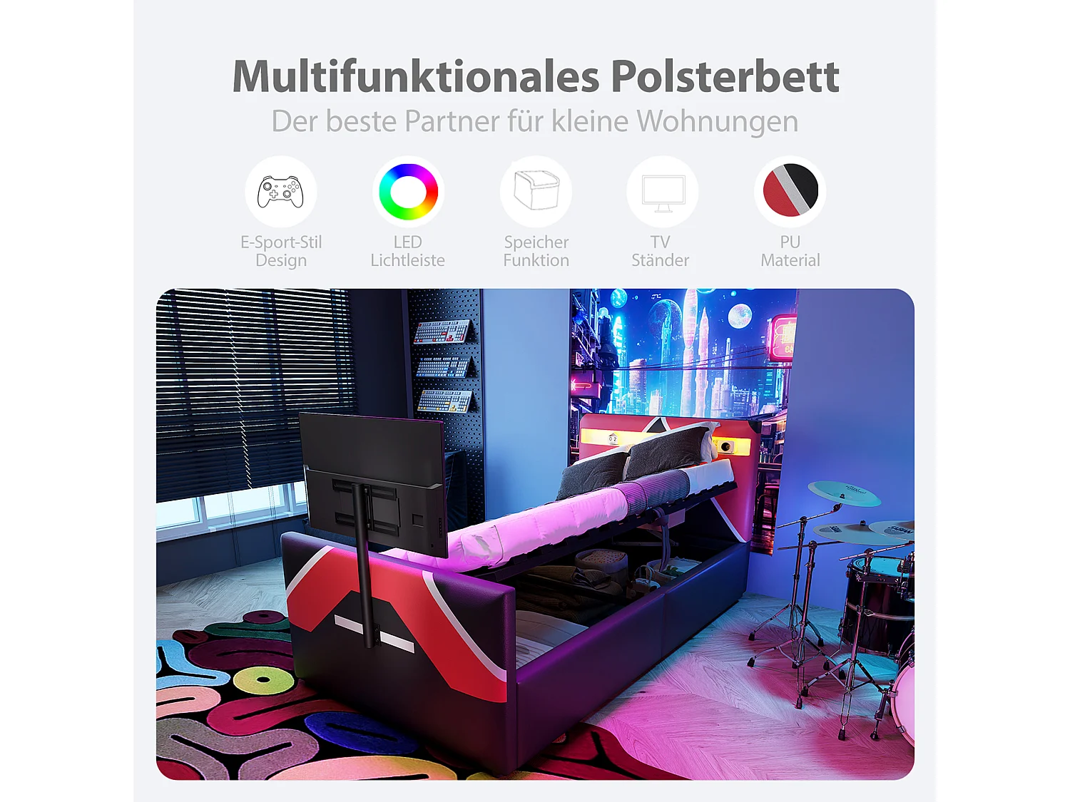 Lit coffre pour enfant - 90 x 200 cm - avec Leds + rangement hydraulique + support TV intégré - PU - noir + rouge