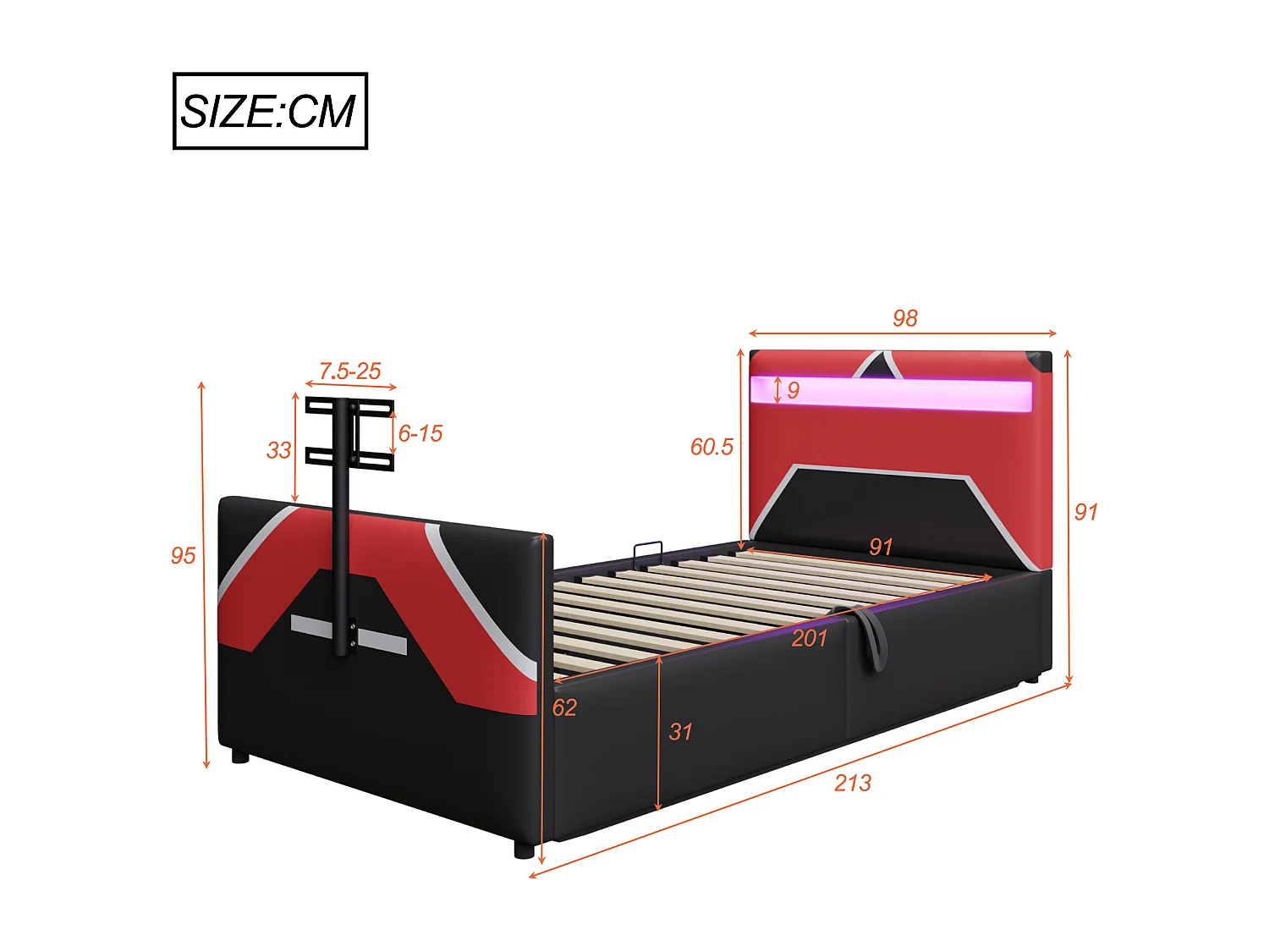 Lit coffre pour enfant - 90 x 200 cm - avec Leds + rangement hydraulique + support TV intégré - PU - noir + rouge