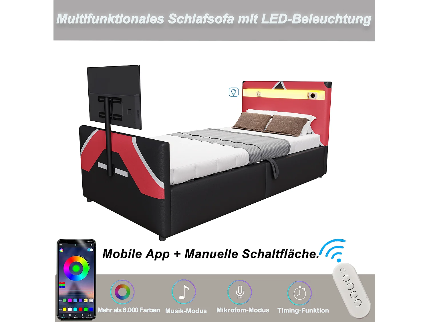 Lit coffre pour enfant - 90 x 200 cm - avec Leds + rangement hydraulique + support TV intégré - PU - noir + rouge