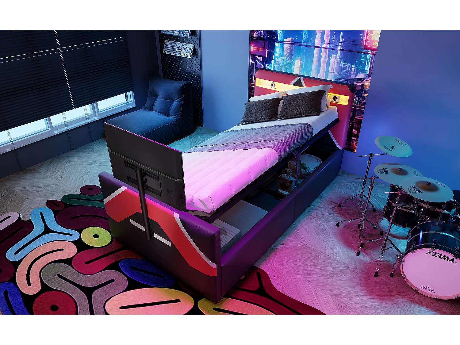 Lit coffre pour enfant - 90 x 200 cm - avec Leds + rangement hydraulique + support TV intégré - PU - noir + rouge