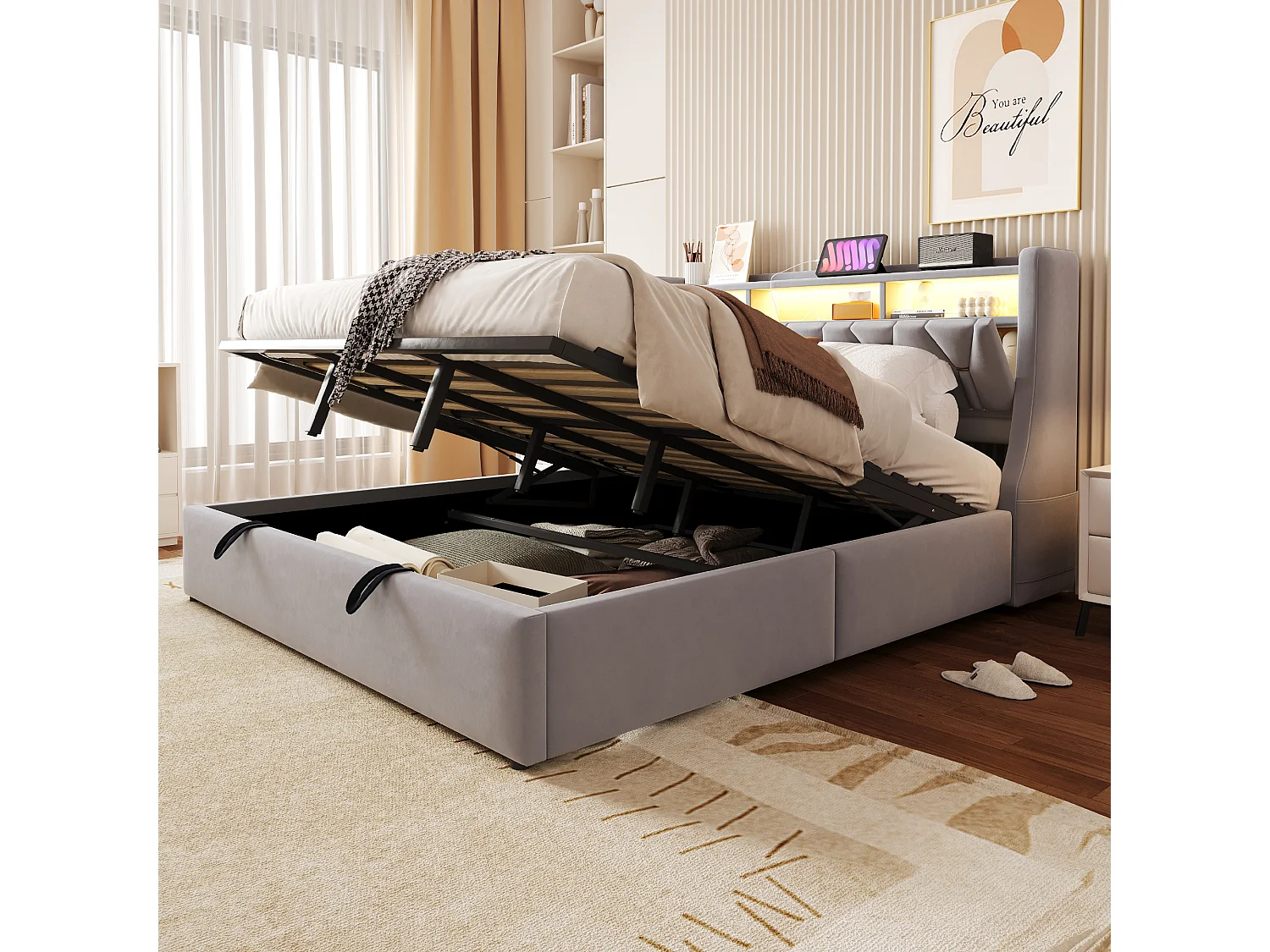 Cama estofada com arrumação - 180 x 200 cm - hidráulica - cabeceira rebatível com arrumação + LEDs - MDF - cinza claro