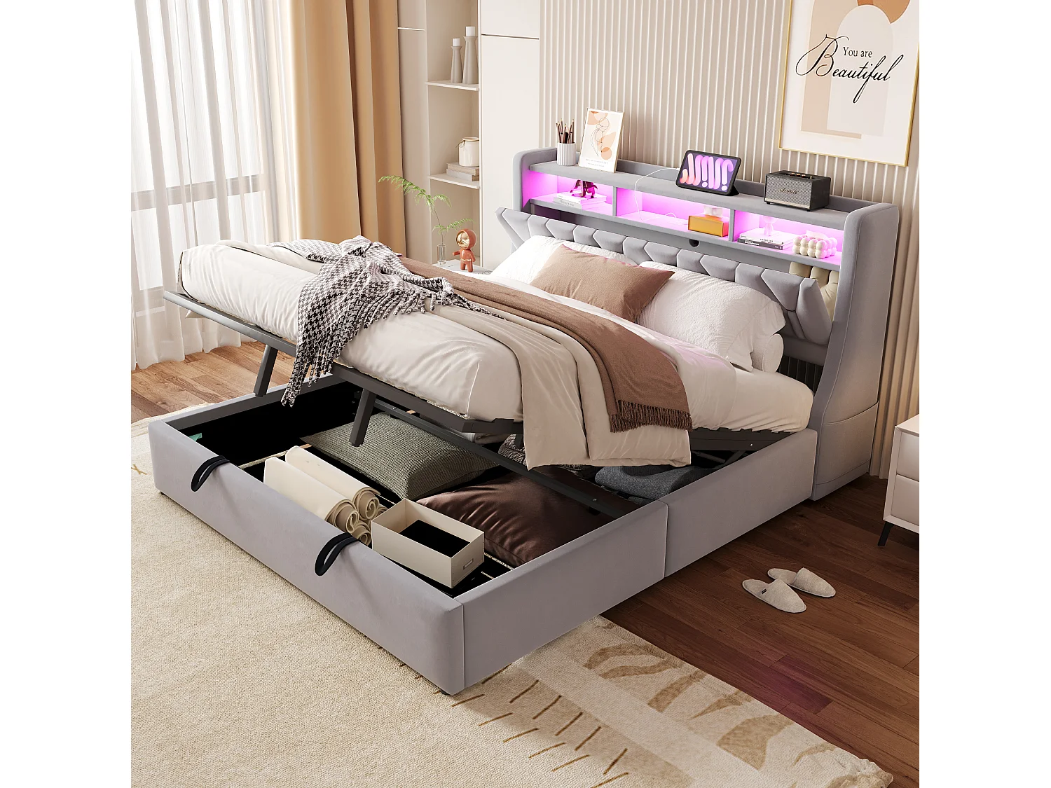 Cama estofada com arrumação - 180 x 200 cm - hidráulica - cabeceira rebatível com arrumação + LEDs - MDF - cinza claro