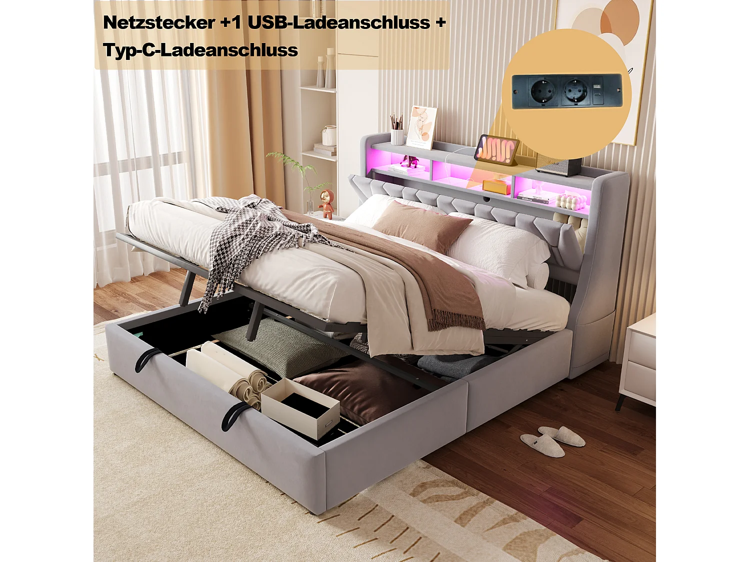 Cama estofada com arrumação - 180 x 200 cm - hidráulica - cabeceira rebatível com arrumação + LEDs - MDF - cinza claro